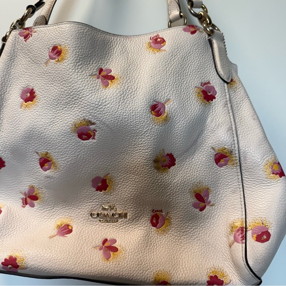 Coach Hallie Shoulder Bag Pop Floral‎ Print White Flowers Gold Pebble Leather - Picture 3 of 12